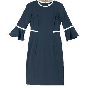 Calvin Klein Women’s Sheath Dress Black with White Piped Trim Bell‎ Sleeves 4P